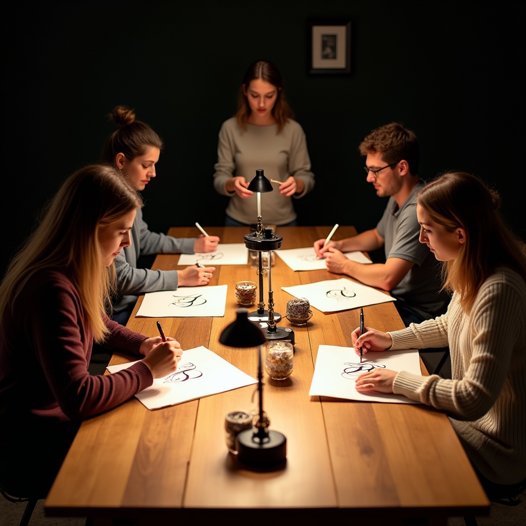 Групповое занятие каллиграфией, несколько человек работают за столом