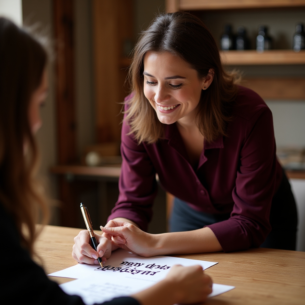Преподаватель показывает технику письма студенту