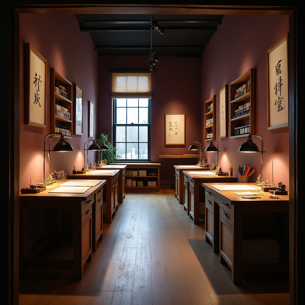 Интерьер студии каллиграфии с рабочими местами и освещением